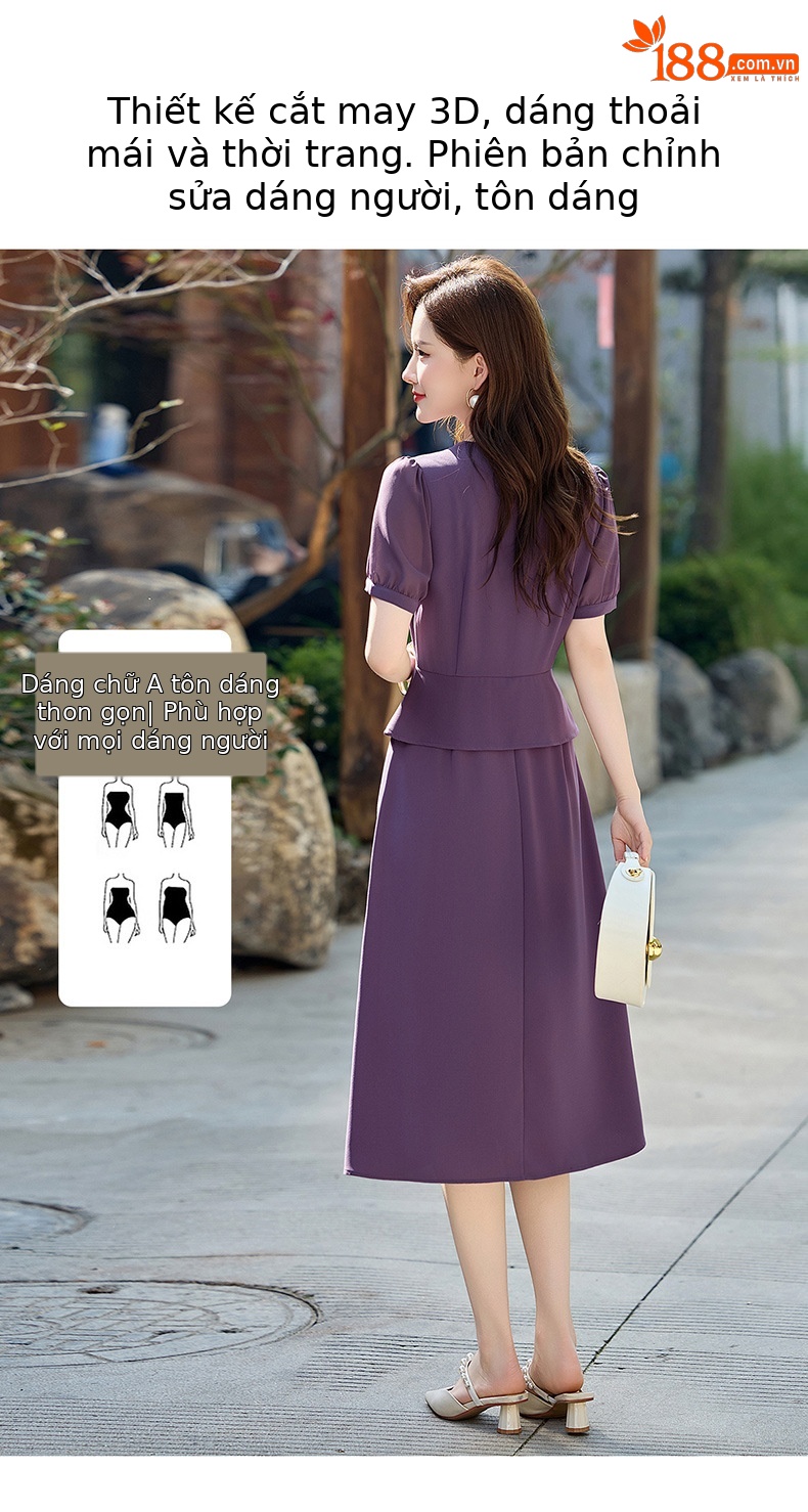 Đầm maxi nữ cổ V phối ren hoa hồng, tay ngắn, thiết kế giả hai lớp, cài khuy vải — tím hoa cà, Xanh lông mòng đen chi tiết 9