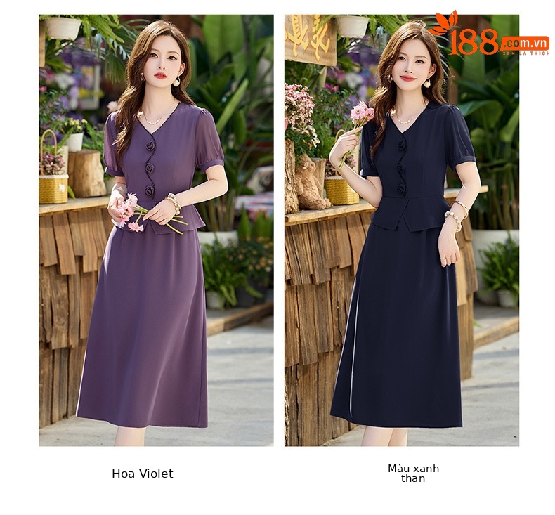 Đầm maxi nữ cổ V phối ren hoa hồng, tay ngắn, thiết kế giả hai lớp, cài khuy vải — tím hoa cà, Xanh lông mòng đen chi tiết 12