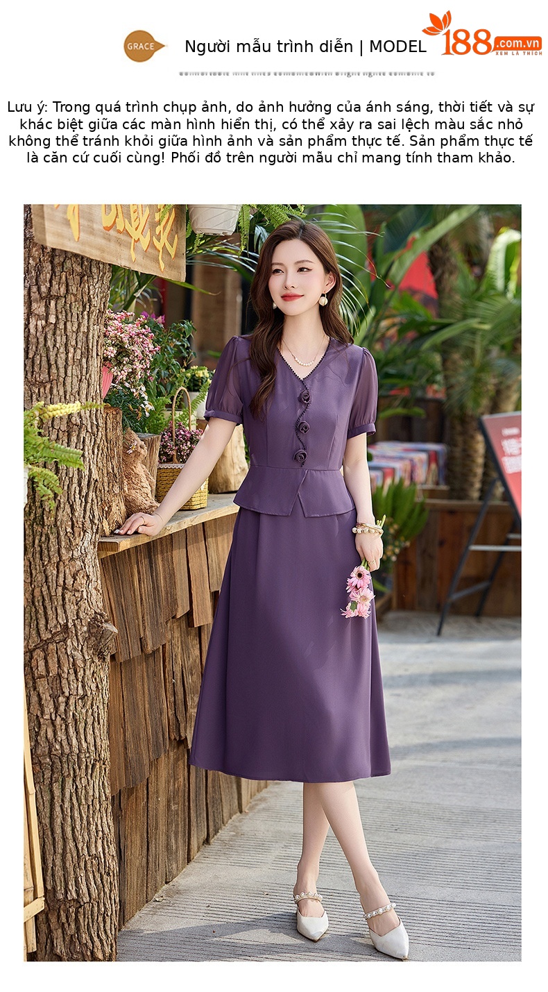 Đầm maxi nữ cổ V phối ren hoa hồng, tay ngắn, thiết kế giả hai lớp, cài khuy vải — tím hoa cà, Xanh lông mòng đen chi tiết 13