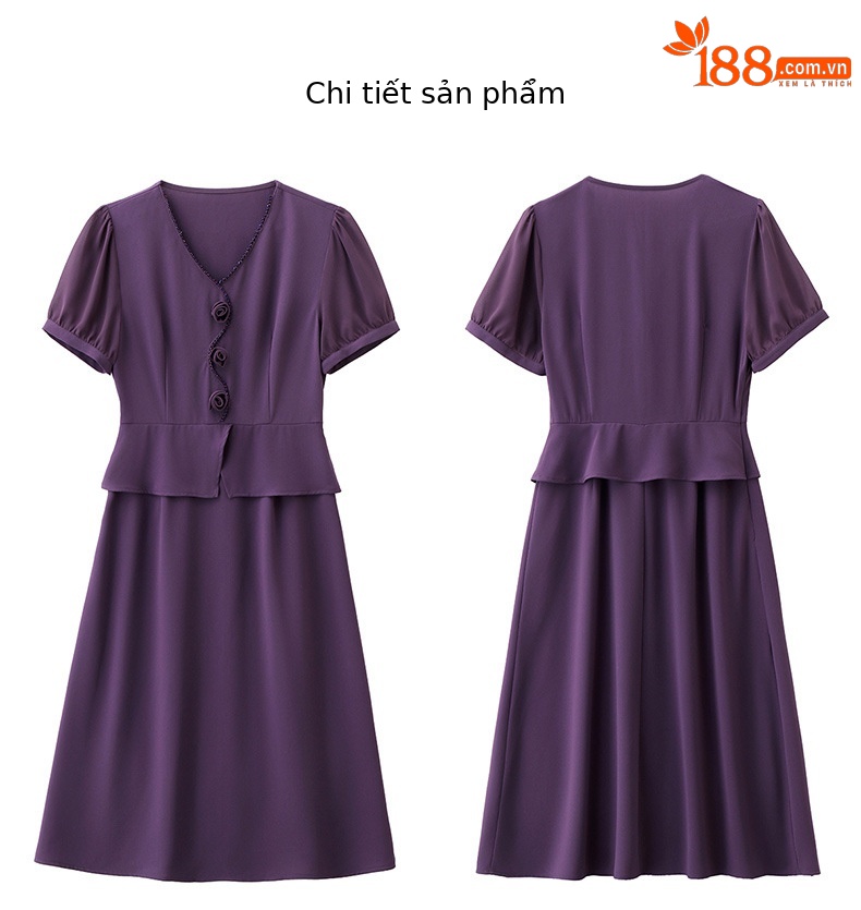 Đầm maxi nữ cổ V phối ren hoa hồng, tay ngắn, thiết kế giả hai lớp, cài khuy vải — tím hoa cà, Xanh lông mòng đen chi tiết 25