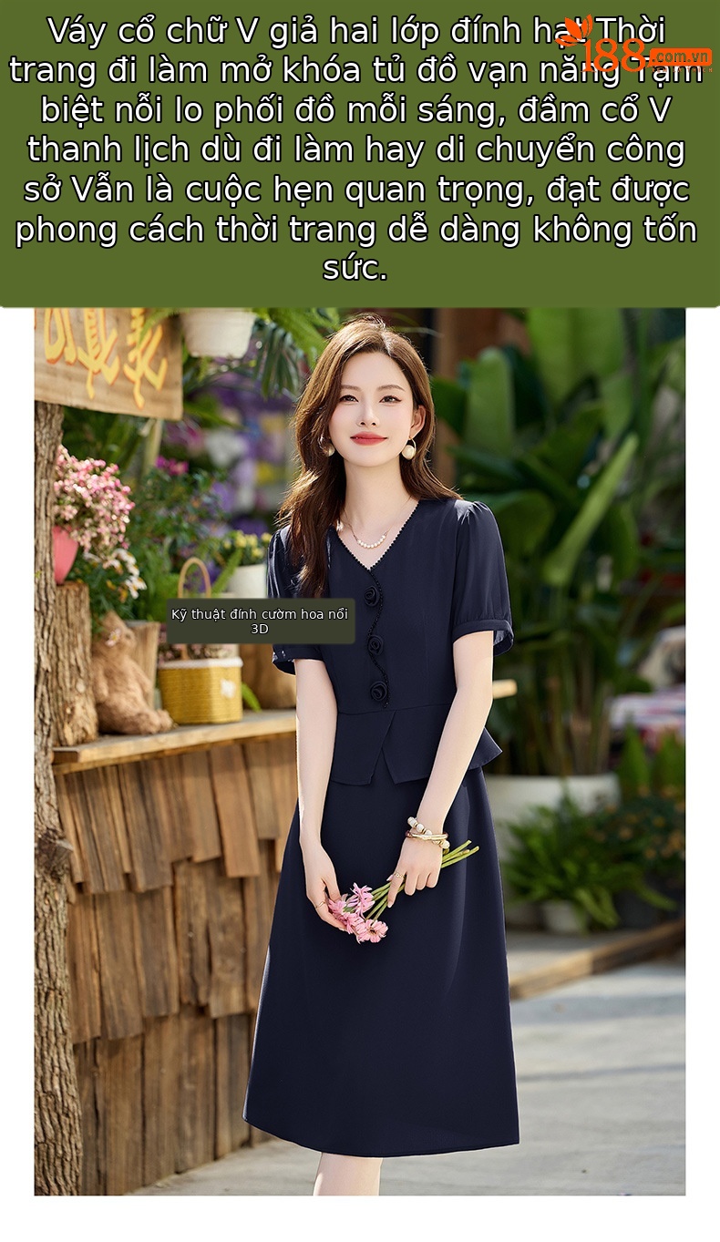 Đầm maxi nữ cổ V phối ren hoa hồng, tay ngắn, thiết kế giả hai lớp, cài khuy vải — tím hoa cà, Xanh lông mòng đen chi tiết 2