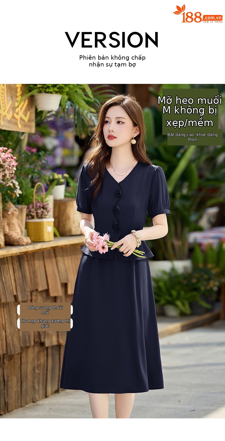 Đầm maxi nữ cổ V phối ren hoa hồng, tay ngắn, thiết kế giả hai lớp, cài khuy vải — tím hoa cà, Xanh lông mòng đen chi tiết 6