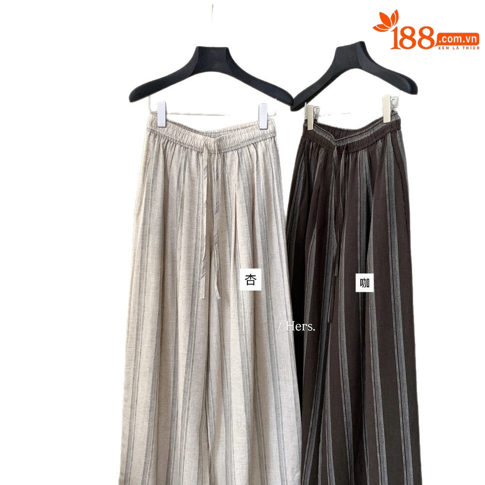 Quần culottes nữ ống rộng cạp cao chun rút dây sọc kẻ chất liệu ramie mùa hè — Màu cà phê, màu mơ