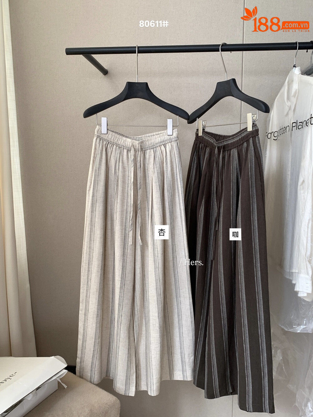 Quần culottes nữ ống rộng cạp cao chun rút dây sọc kẻ chất liệu ramie mùa hè — Màu cà phê, màu mơ chi tiết 3