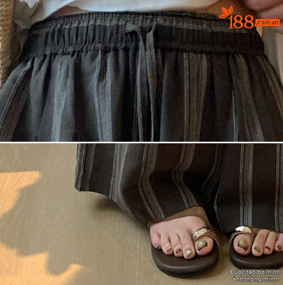 Quần culottes nữ ống rộng cạp cao chun rút dây sọc kẻ chất liệu ramie mùa hè — Màu cà phê, màu mơ chi tiết 9