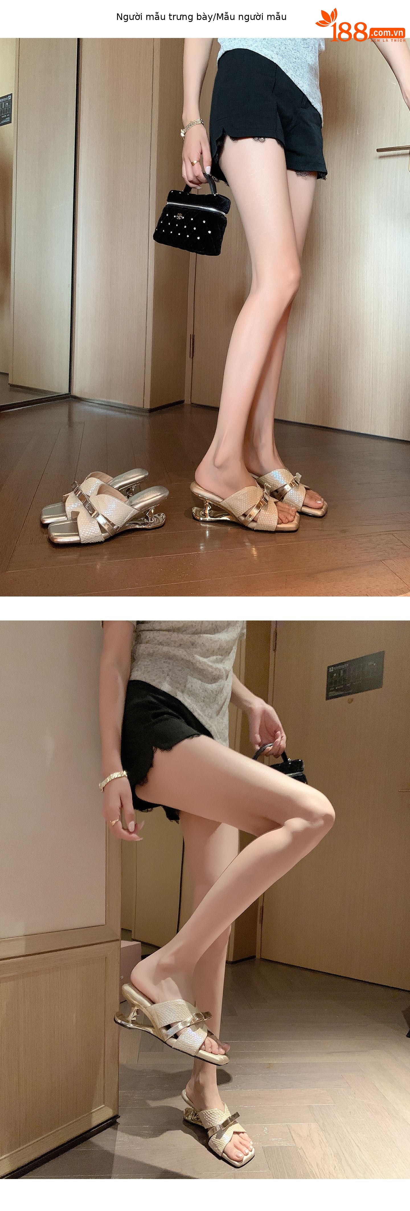 Sandal cao gót nữ mũi vuông hở ngón, quai ngang nơ bướm, đế xuồng êm chân — màu vàng, bạc chi tiết 8