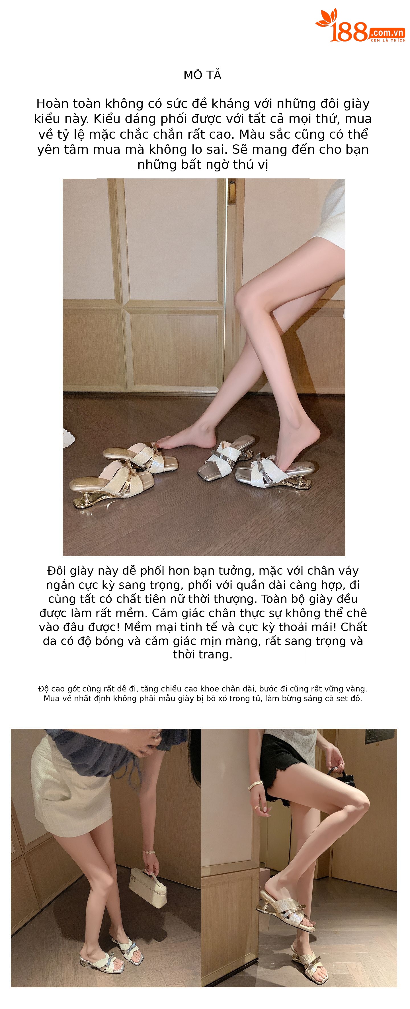 Sandal cao gót nữ mũi vuông hở ngón, quai ngang nơ bướm, đế xuồng êm chân — màu vàng, bạc chi tiết 5
