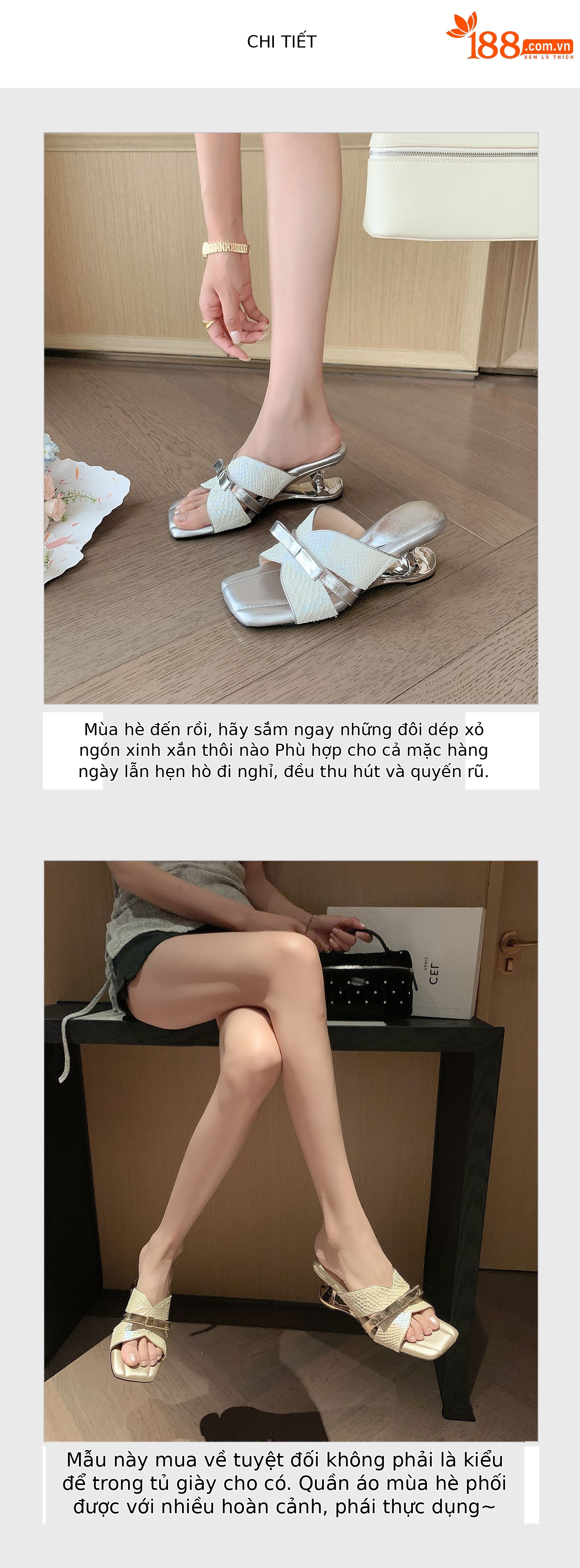 Sandal cao gót nữ mũi vuông hở ngón, quai ngang nơ bướm, đế xuồng êm chân — màu vàng, bạc chi tiết 6