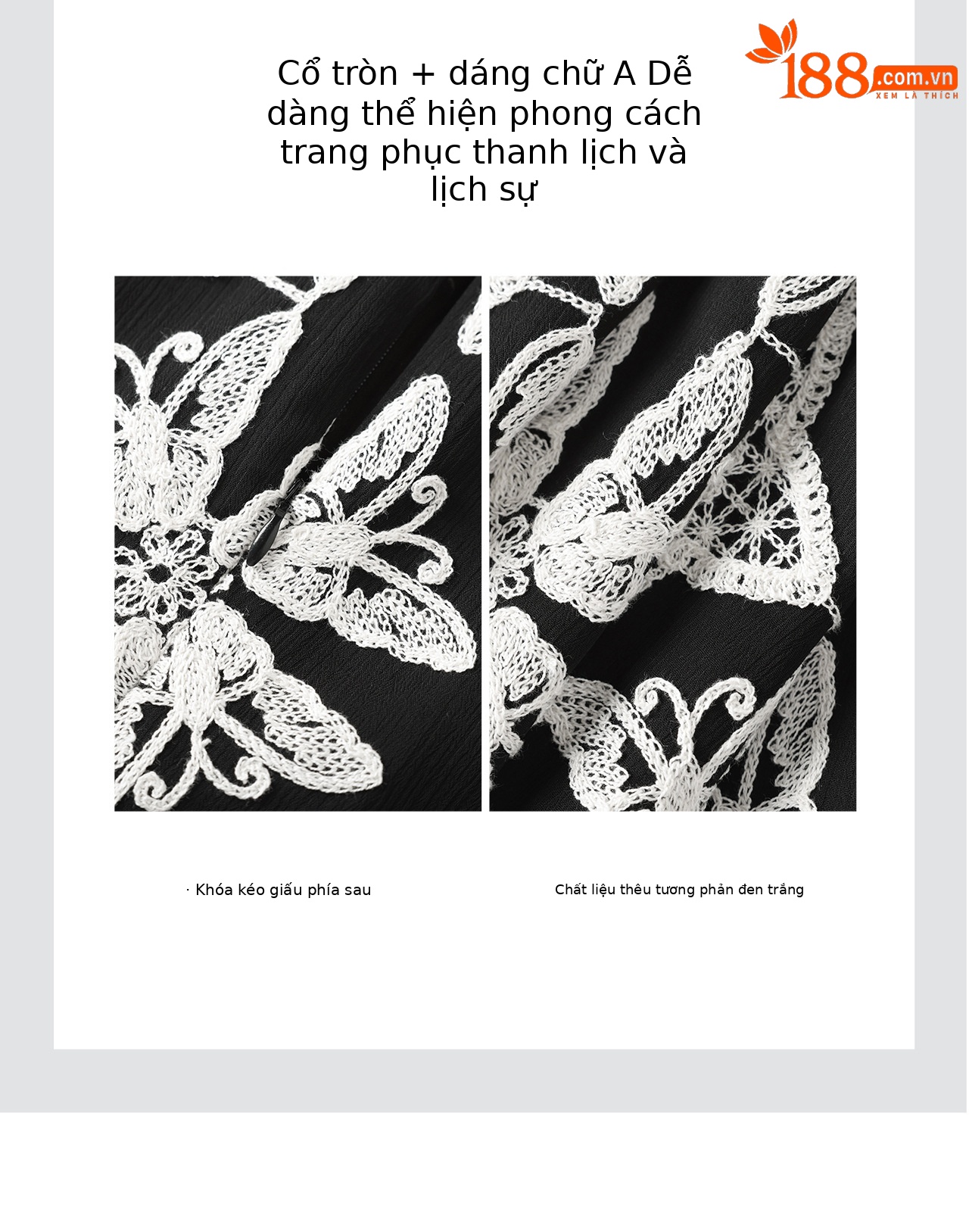 Đầm nữ cotton thêu hoa eo thon dáng suông midi — màu đen chi tiết 9