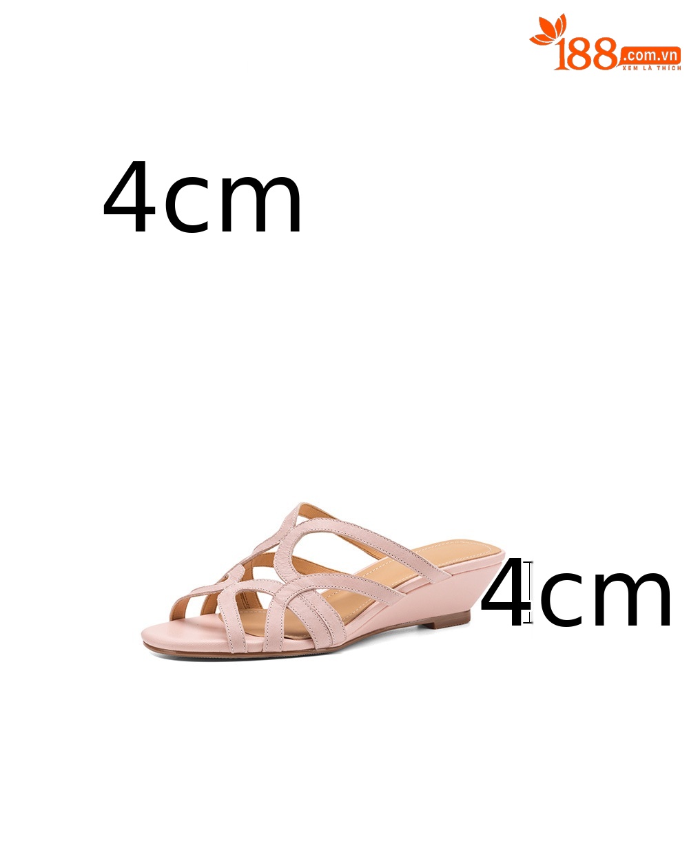 Dép sandal nữ quai chữ V da bò thật, gót thấp 4 cm, hở ngón, phong cách thời trang dạo phố — Hồng nhạt chi tiết 5