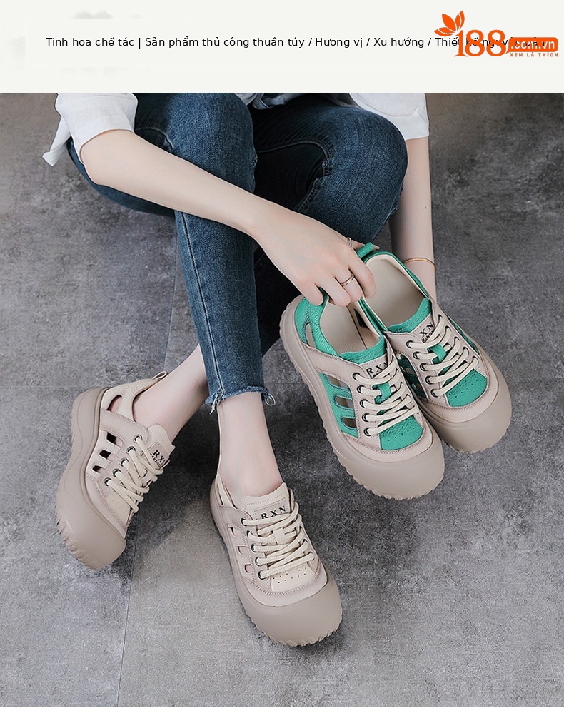 Sandal nữ da bò mũi kín đế dày phong cách La Mã — màu be chi tiết 1