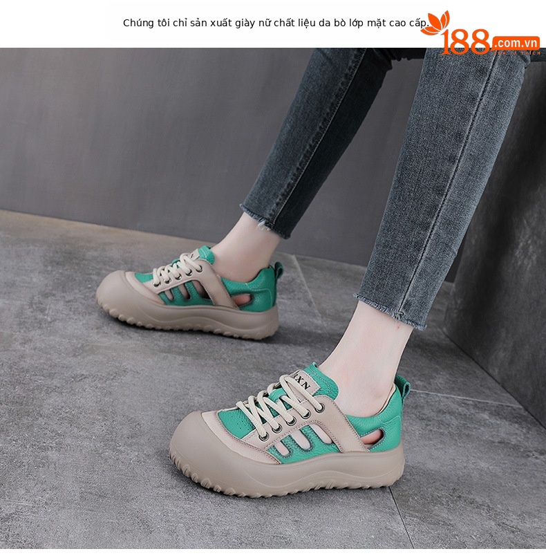 Sandal nữ da bò mũi kín đế dày phong cách La Mã — màu be chi tiết 2