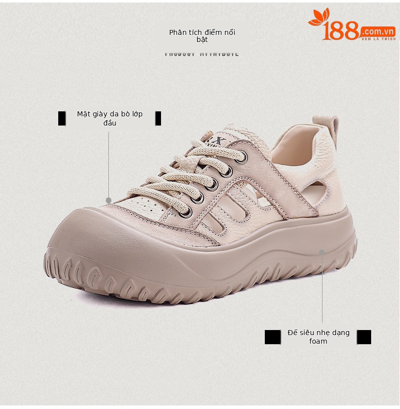 Sandal nữ da bò mũi kín đế dày phong cách La Mã — màu be chi tiết 3