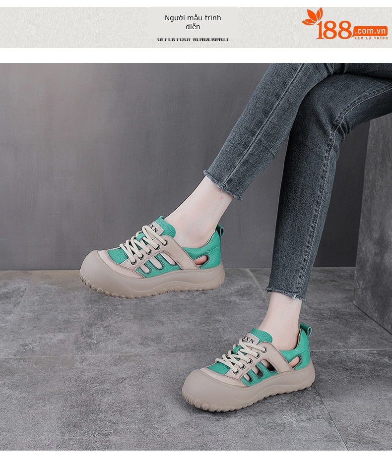 Sandal nữ da bò mũi kín đế dày phong cách La Mã — màu be chi tiết 9
