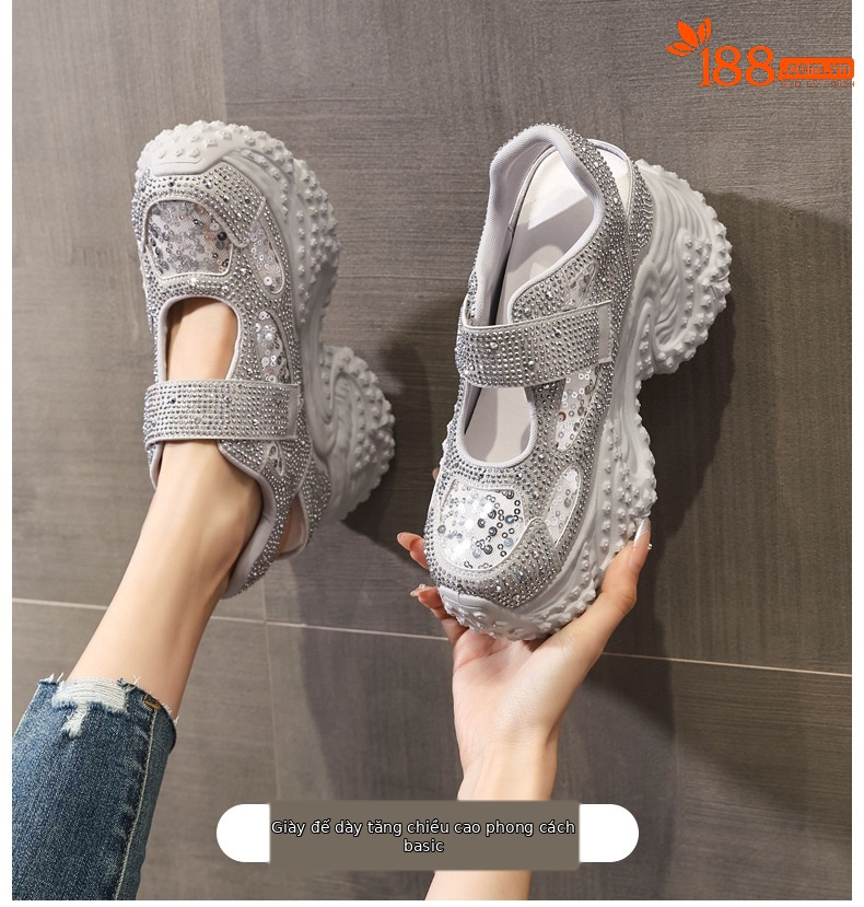Sandal nữ đế dày đính đá phong cách La Mã, gót cao 8 cm — bạc chi tiết 1