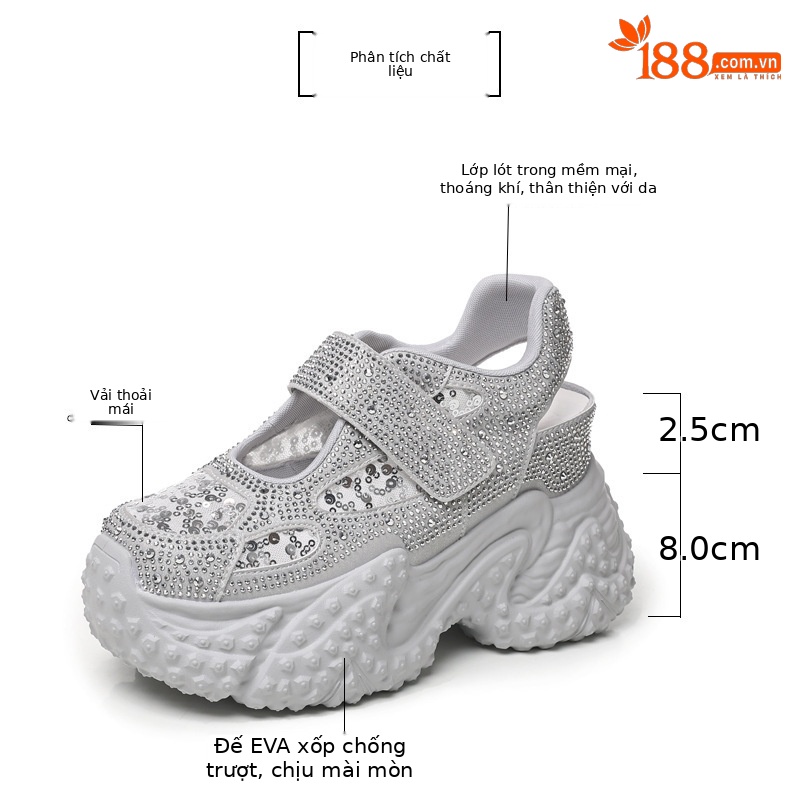 Sandal nữ đế dày đính đá phong cách La Mã, gót cao 8 cm — bạc chi tiết 2