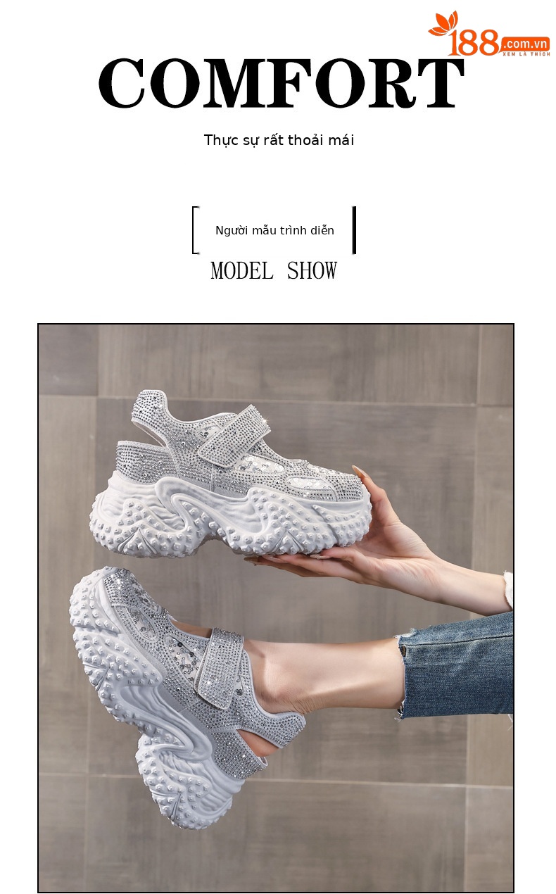 Sandal nữ đế dày đính đá phong cách La Mã, gót cao 8 cm — bạc chi tiết 9