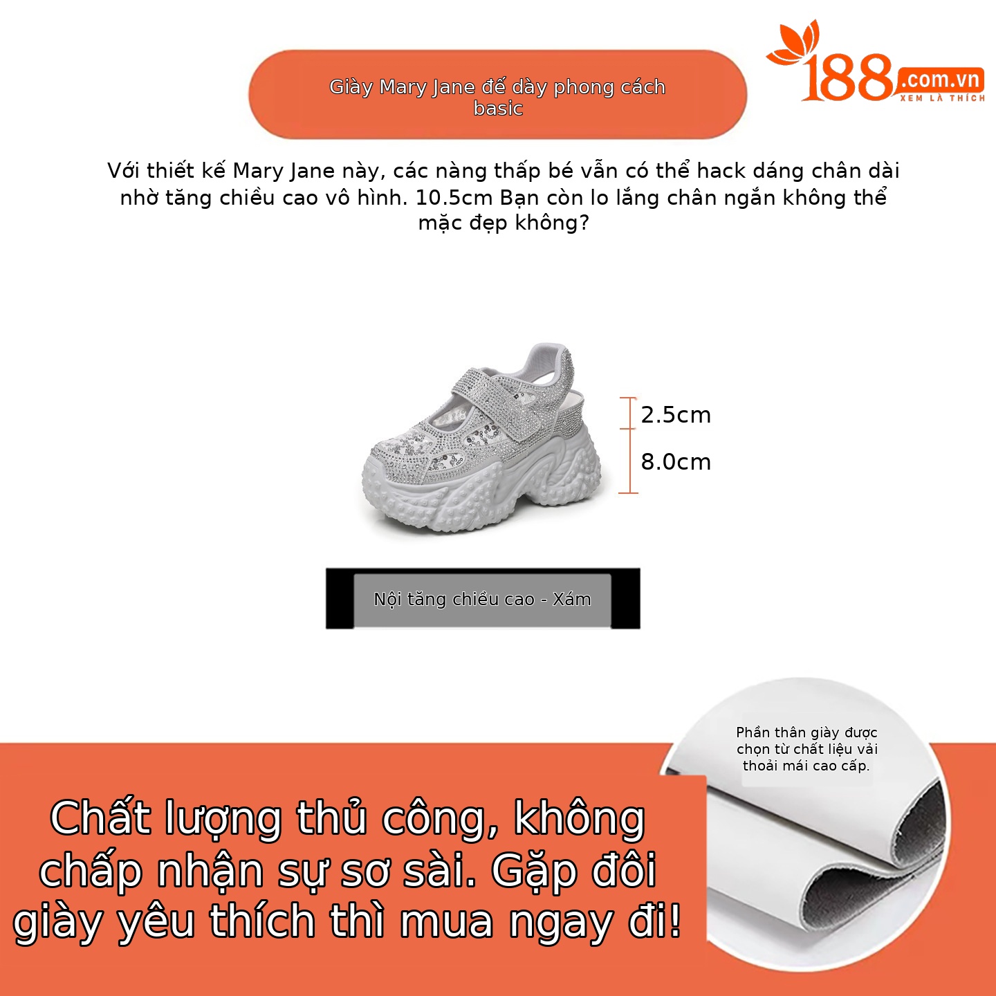 Sandal nữ đế dày đính đá phong cách La Mã, gót cao 8 cm — bạc