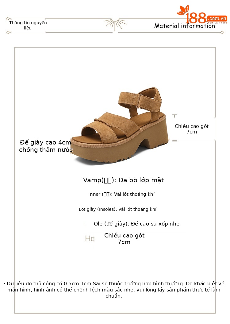 Sandal cao gót nữ hở mũi đế xuồng platform, quai dán tiện lợi, gót 9 cm — màu nâu chi tiết 2