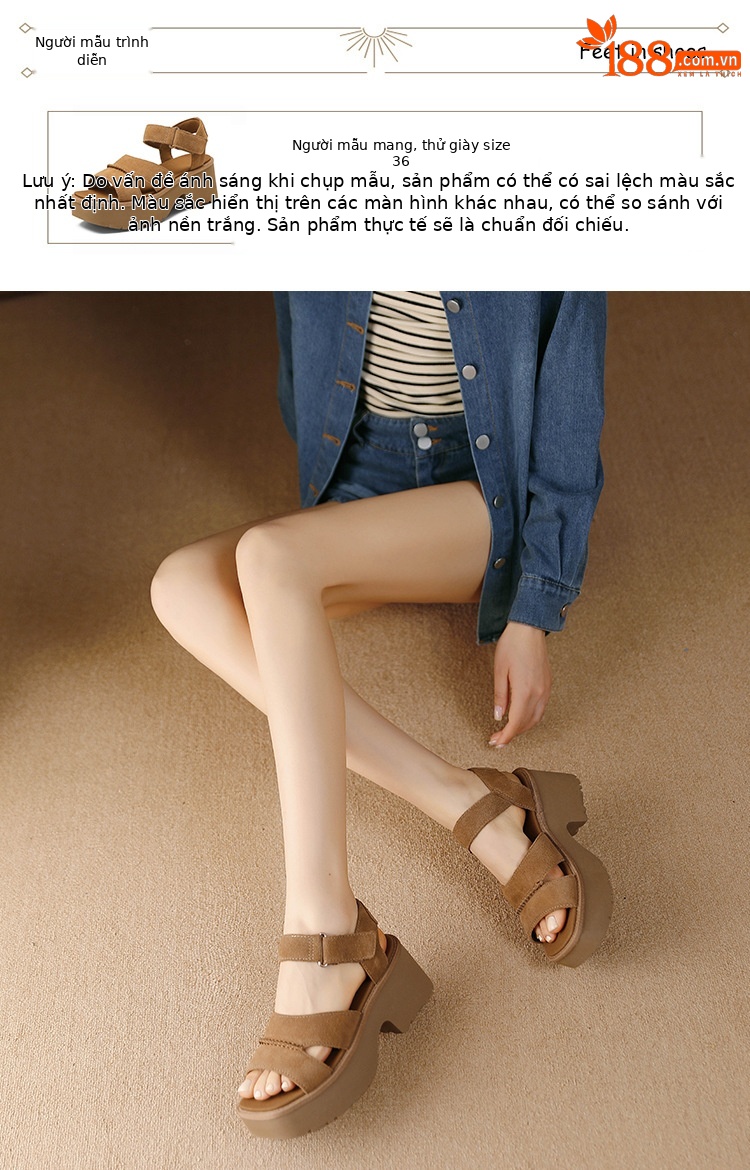 Sandal cao gót nữ hở mũi đế xuồng platform, quai dán tiện lợi, gót 9 cm — màu nâu chi tiết 4