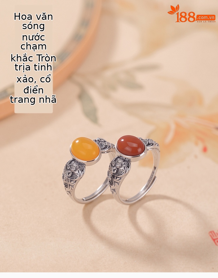 Nhẫn bạc S925 đính đá onyx đỏ họa tiết sóng biển phong cách vintage — Mật ong sáp chi tiết 1