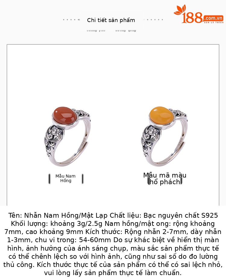 Nhẫn bạc S925 đính đá onyx đỏ họa tiết sóng biển phong cách vintage — Mật ong sáp chi tiết 2