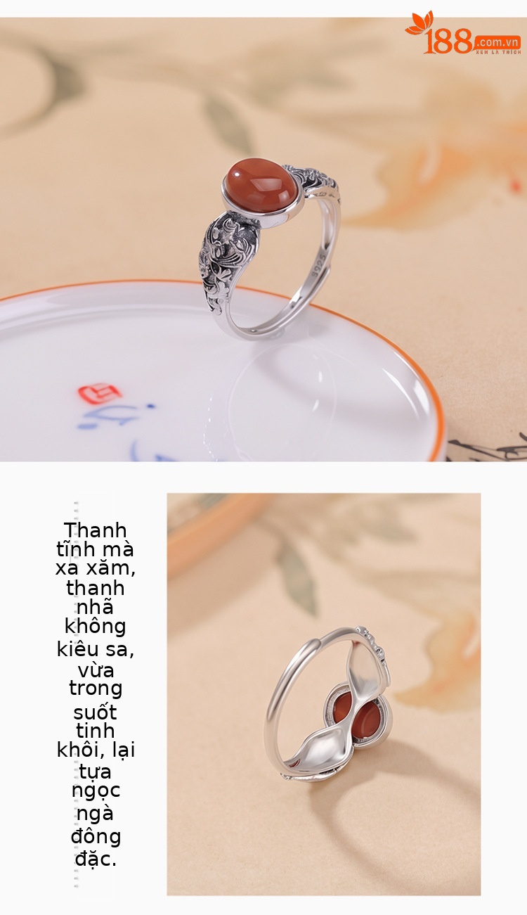 Nhẫn bạc S925 đính đá onyx đỏ họa tiết sóng biển phong cách vintage — Mật ong sáp chi tiết 3