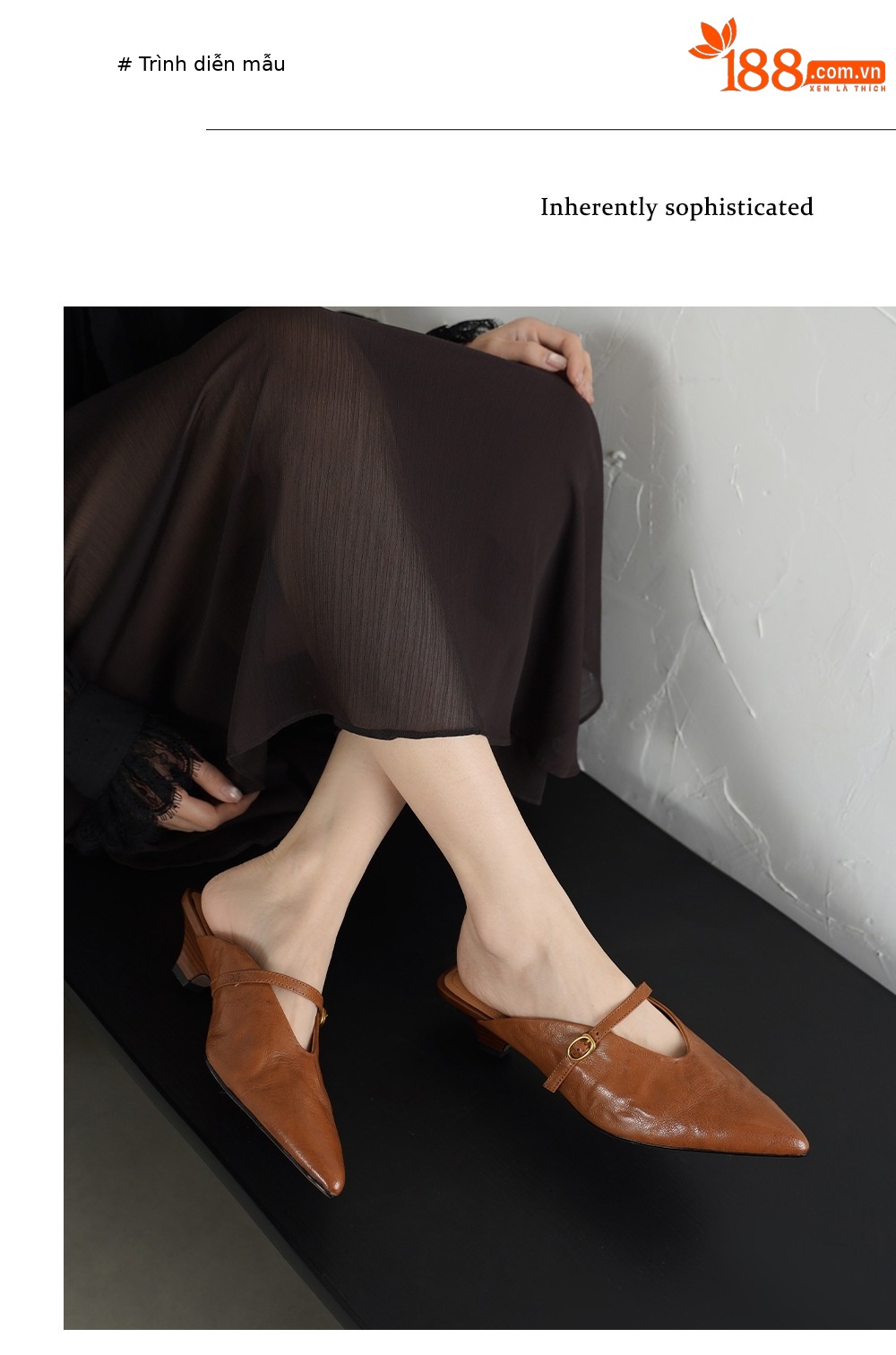 Giày mule nữ da cừu mũi nhọn quai ngang gót thấp — đen chi tiết 4