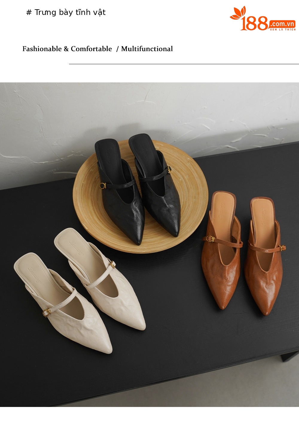 Giày mule nữ da cừu mũi nhọn quai ngang gót thấp — đen chi tiết 12