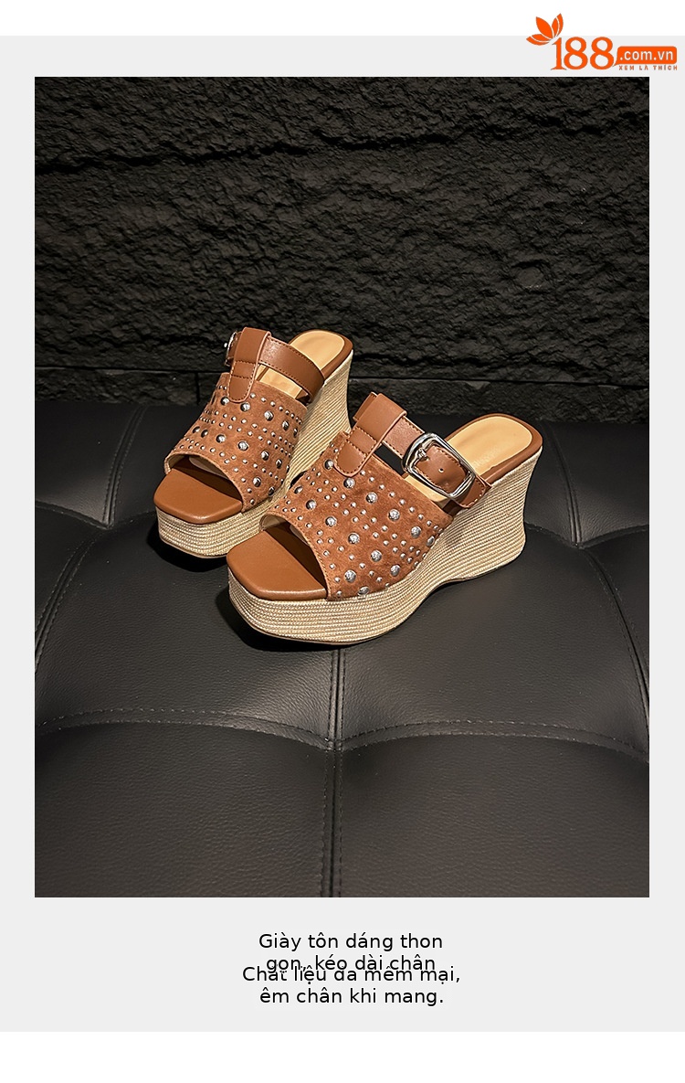 Sandal đế xuồng cao gót 9 cm da bò đinh tán quai ngang mũi hở phong cách boho — màu nâu, màu mơ chi tiết 3