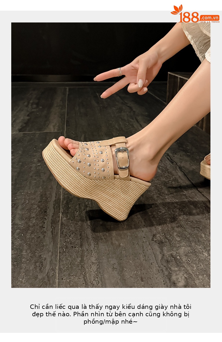 Sandal đế xuồng cao gót 9 cm da bò đinh tán quai ngang mũi hở phong cách boho — màu nâu, màu mơ chi tiết 4