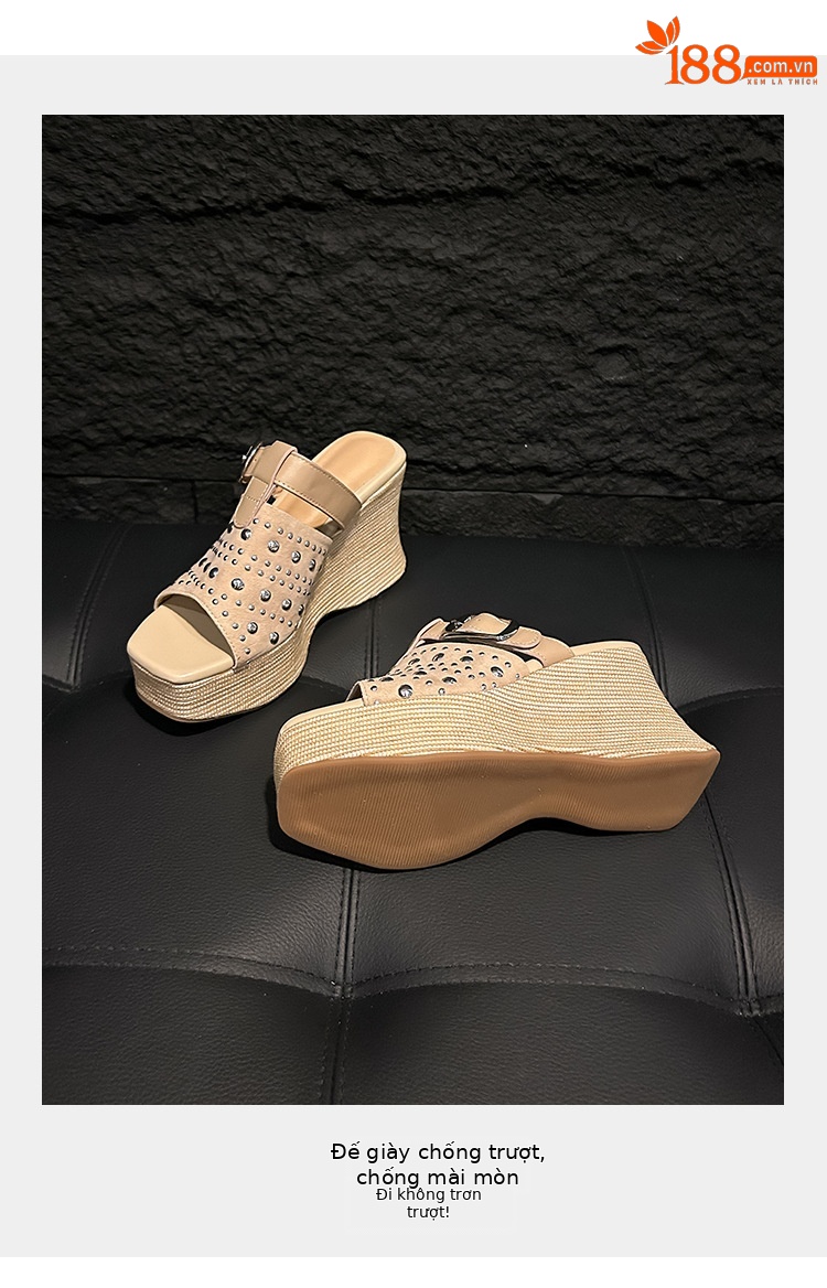 Sandal đế xuồng cao gót 9 cm da bò đinh tán quai ngang mũi hở phong cách boho — màu nâu, màu mơ chi tiết 5