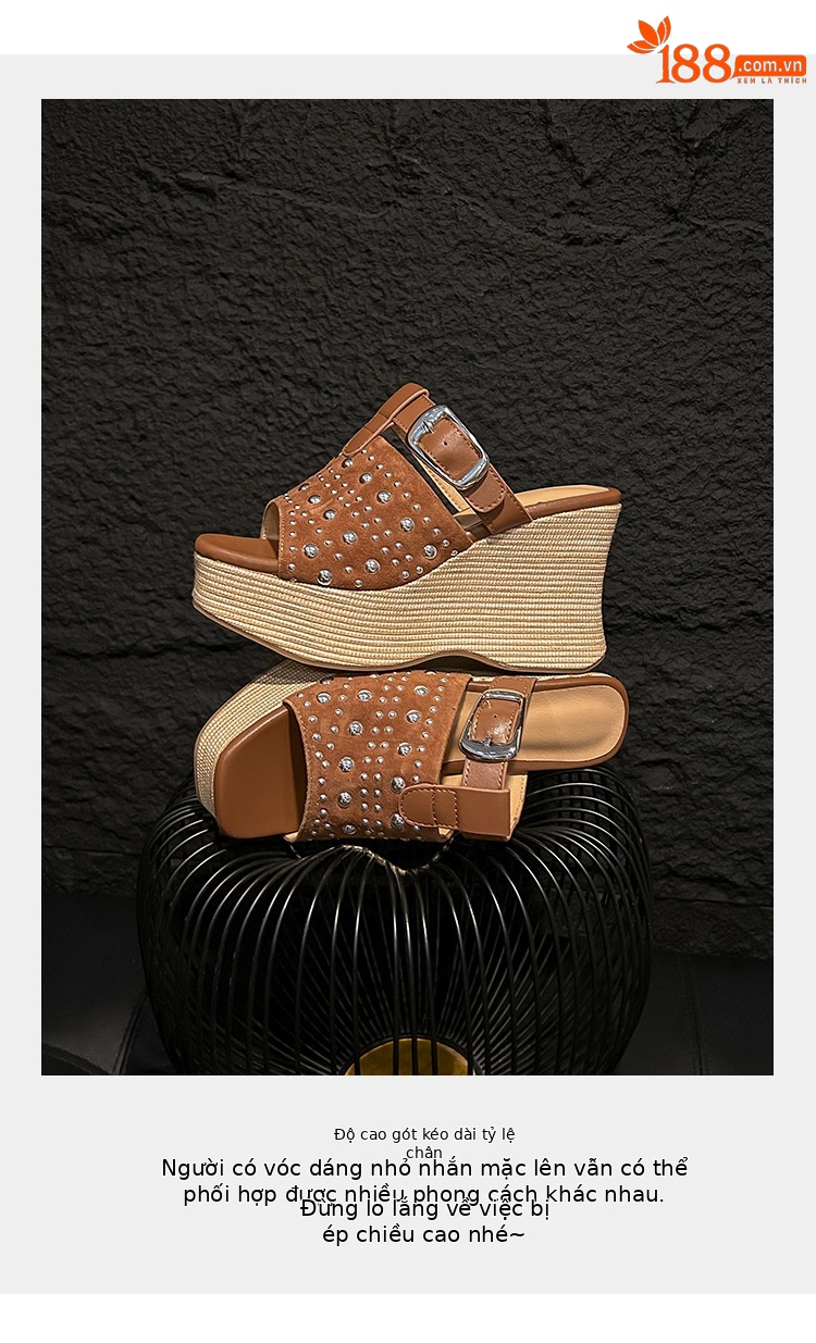 Sandal đế xuồng cao gót 9 cm da bò đinh tán quai ngang mũi hở phong cách boho — màu nâu, màu mơ chi tiết 6