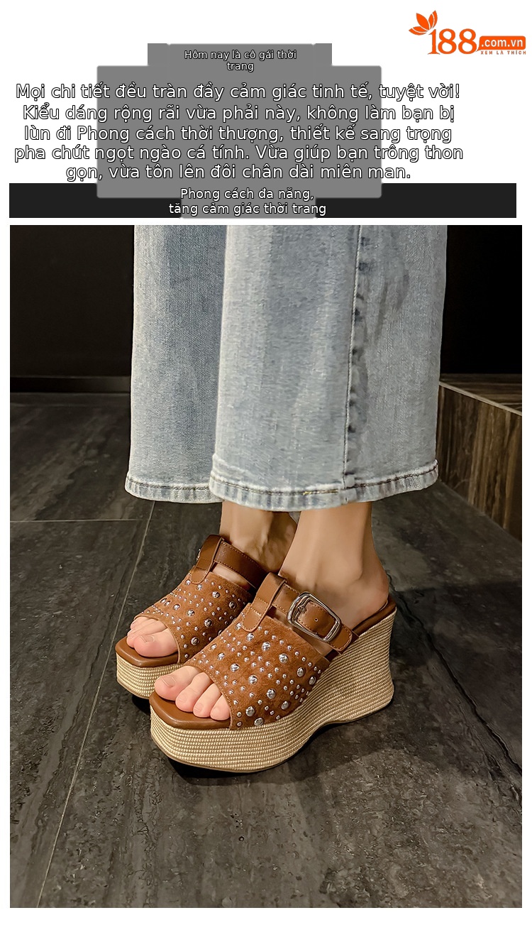 Sandal đế xuồng cao gót 9 cm da bò đinh tán quai ngang mũi hở phong cách boho — màu nâu, màu mơ chi tiết 1