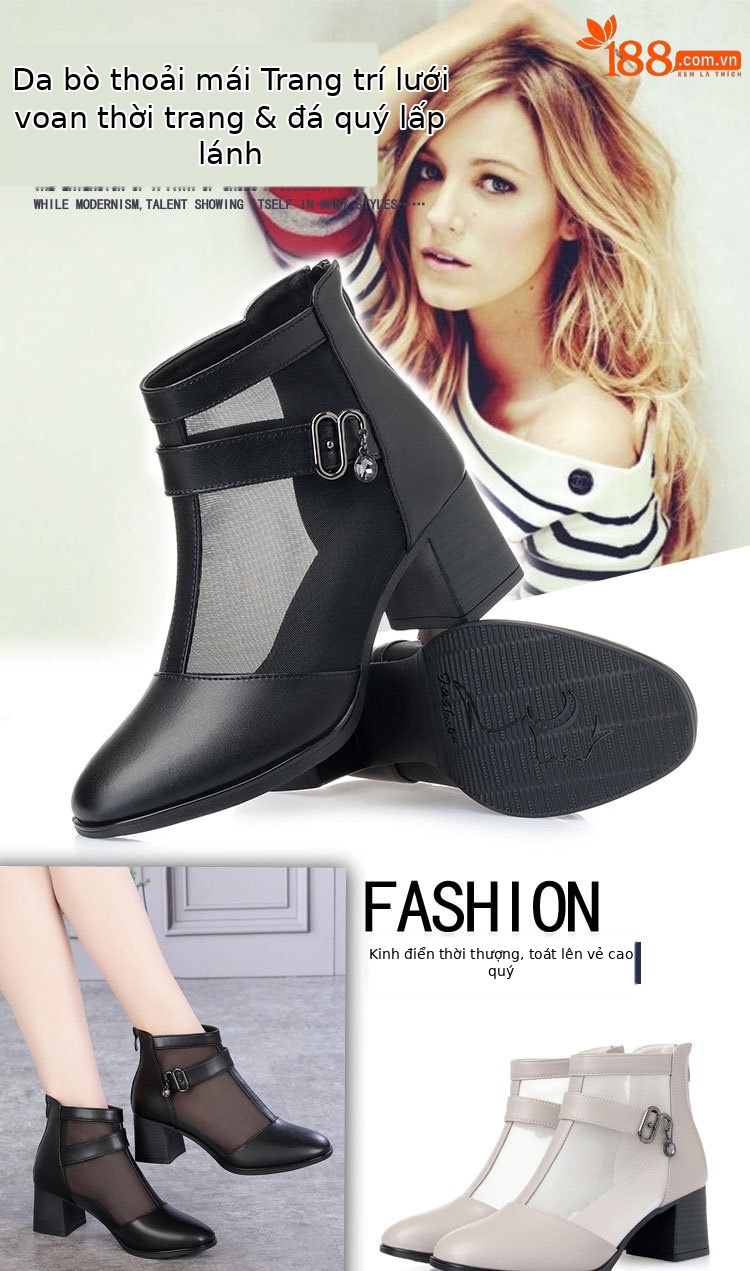 Boot lưới nữ cổ thấp gót vuông da thật hở mũi — màu đen chi tiết 1