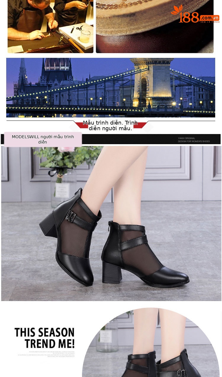 Boot lưới nữ cổ thấp gót vuông da thật hở mũi — màu đen chi tiết 7