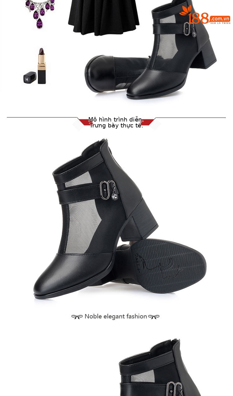 Boot lưới nữ cổ thấp gót vuông da thật hở mũi — màu đen chi tiết 12