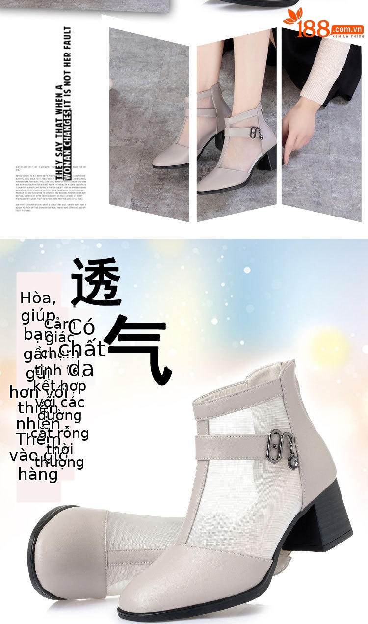 Boot lưới nữ cổ thấp gót vuông da thật hở mũi — màu đen chi tiết 2