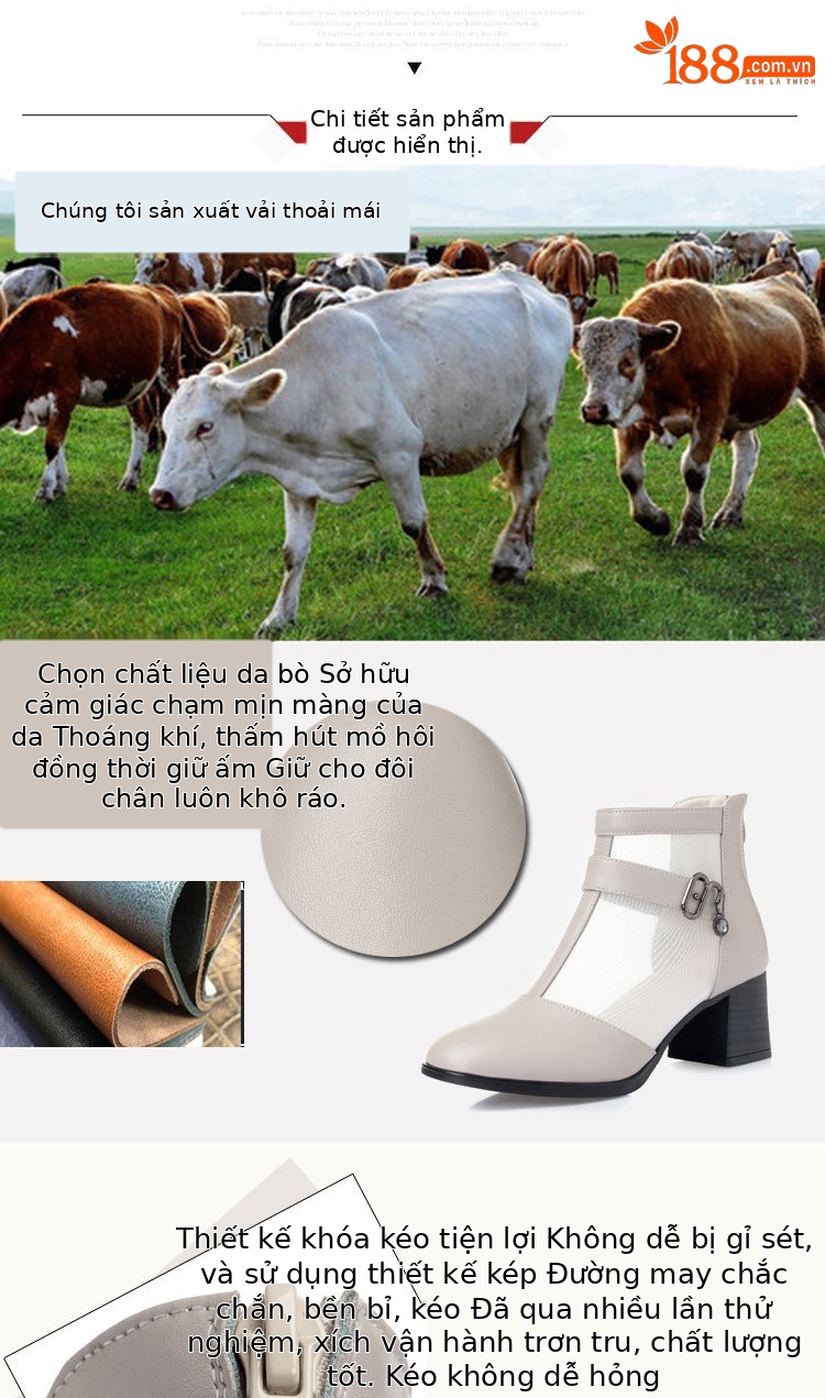 Boot lưới nữ cổ thấp gót vuông da thật hở mũi — màu đen chi tiết 3