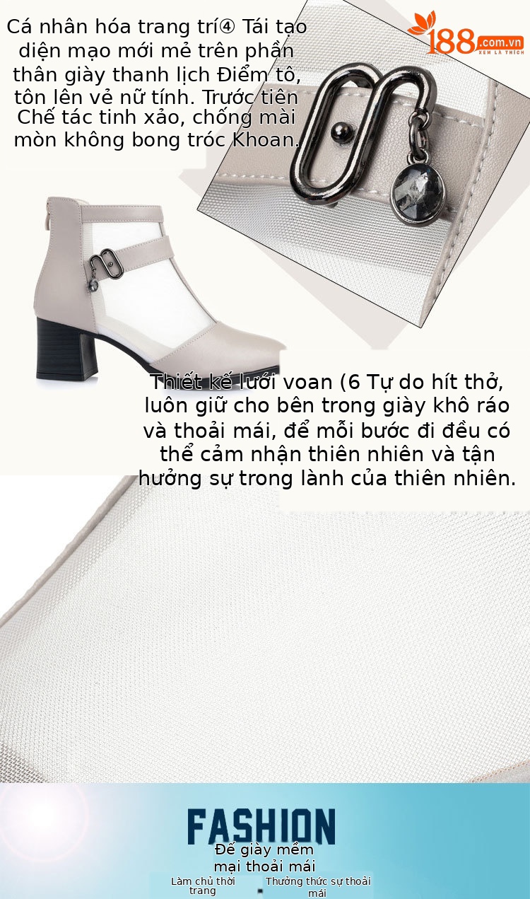 Boot lưới nữ cổ thấp gót vuông da thật hở mũi — màu đen chi tiết 5