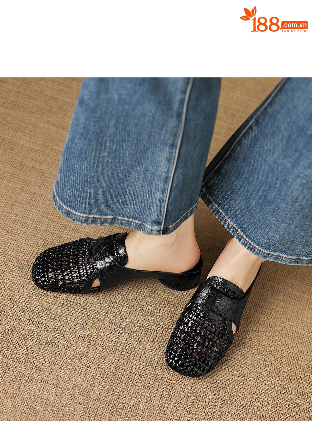 Sandal nữ quai chữ V mũi kín phong cách vintage gót thấp — đen chi tiết 8