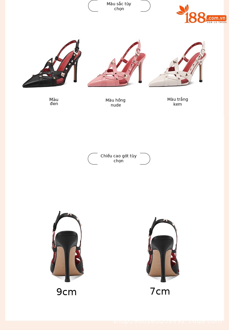 Sandal cao gót nữ mũi nhọn gót mảnh 7 cm quai chéo đinh tán — Màu đen (7 cm) chi tiết 1