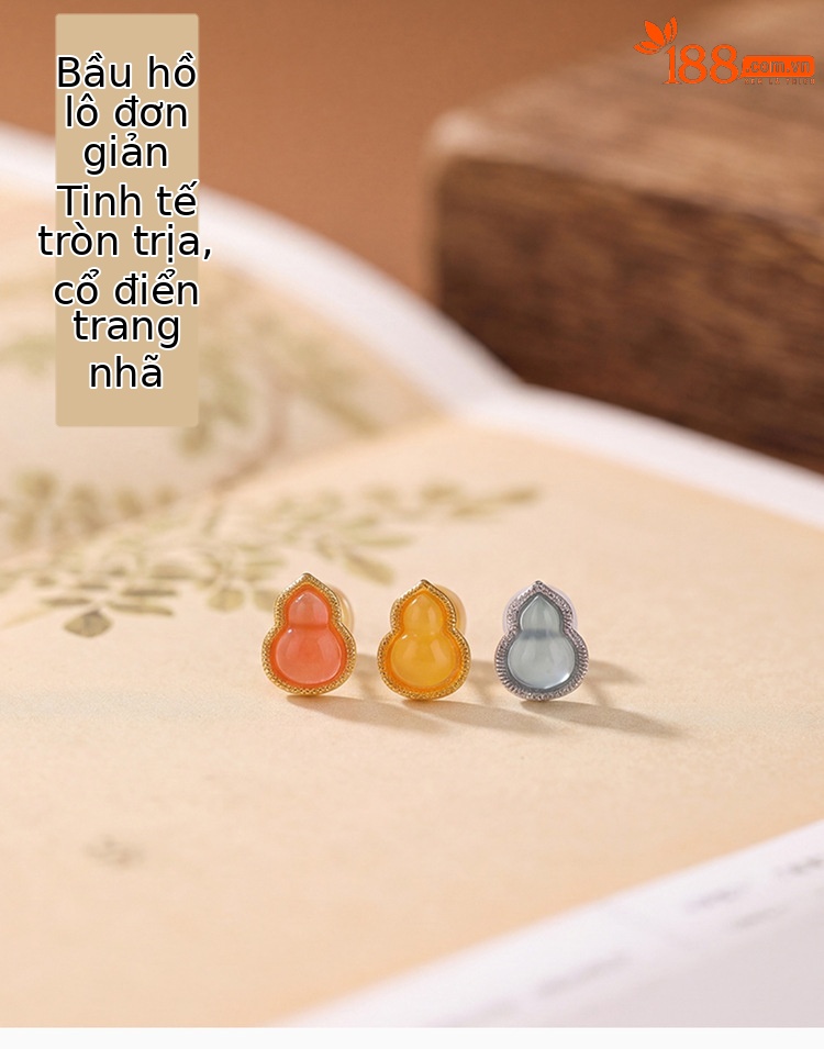 Bông tai bạc S925 đính đá hồ lô mã não mật sáp phong cách Trung Quốc — Mẫu Emerald chi tiết 1