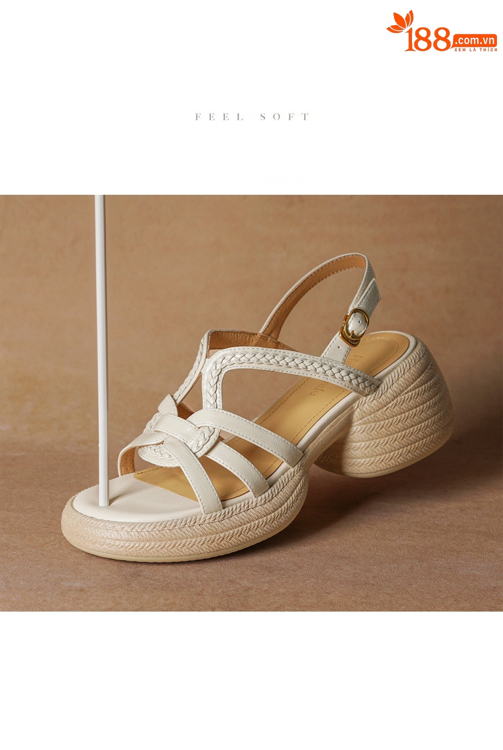 Sandal nữ hở mũi gót vuông đế dày 6 cm phong cách dệt — màu trắng ngà chi tiết 2