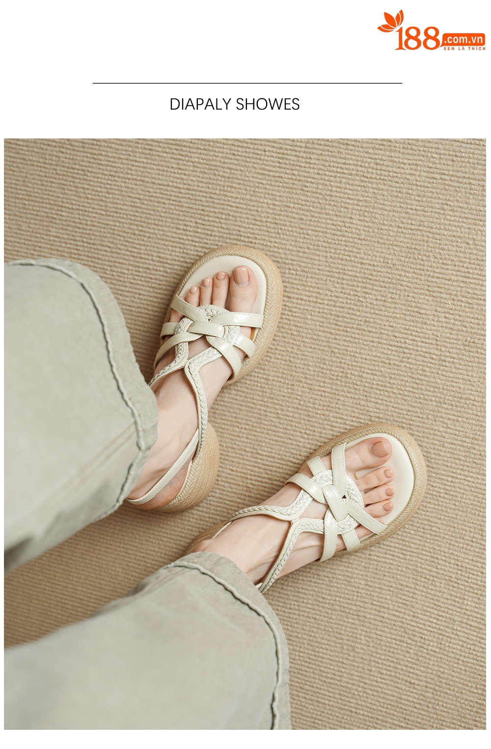 Sandal nữ hở mũi gót vuông đế dày 6 cm phong cách dệt — màu trắng ngà chi tiết 8