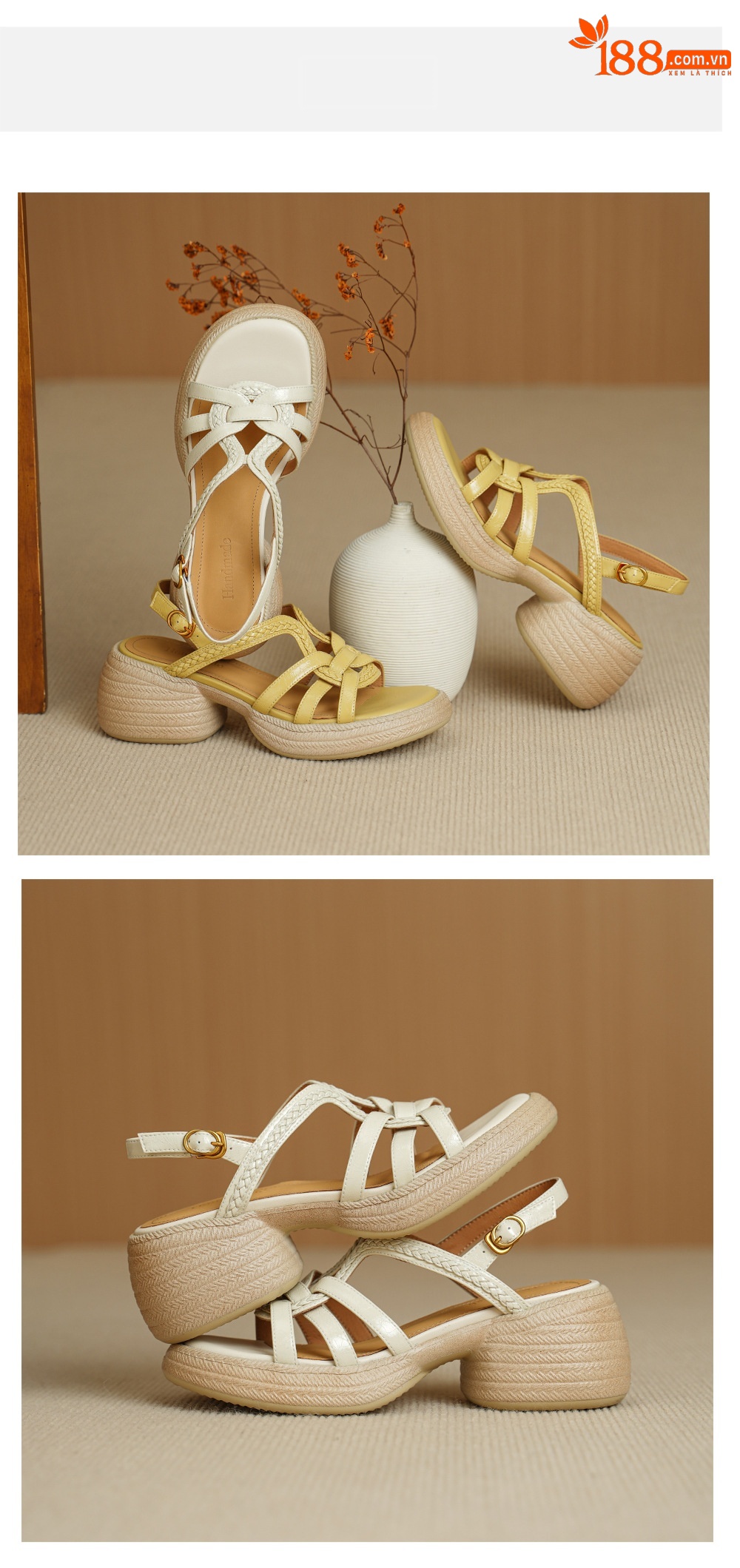 Sandal nữ hở mũi gót vuông đế dày 6 cm phong cách dệt — màu trắng ngà chi tiết 13