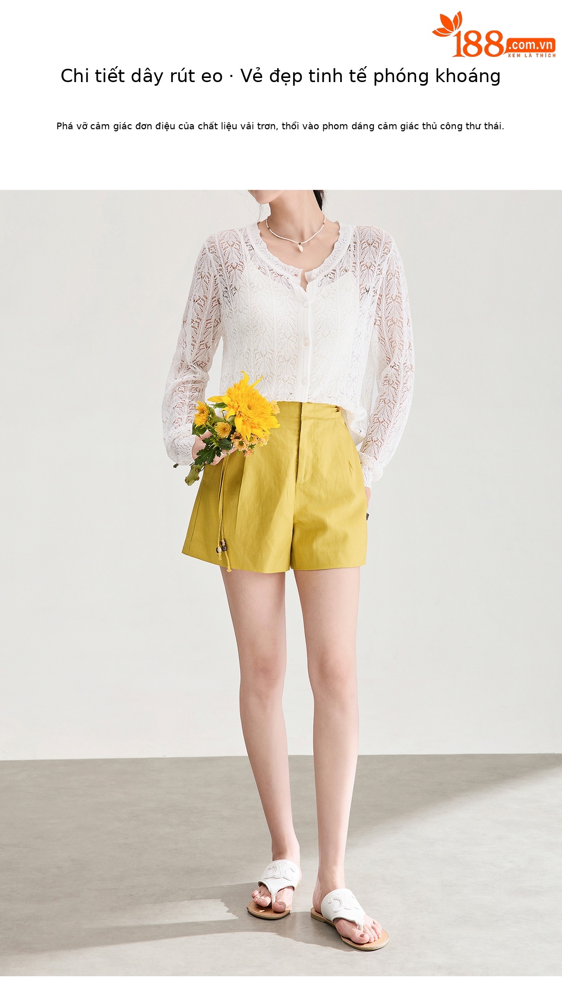 Quần short nữ cạp cao dây buộc phong cách quốc phong rộng thùng thình đính cườm — Xanh lông mòng đen chi tiết 6