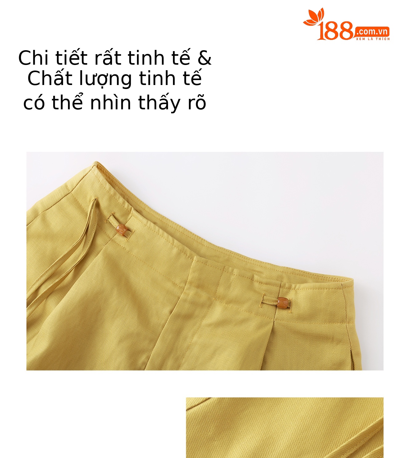 Quần short nữ cạp cao dây buộc phong cách quốc phong rộng thùng thình đính cườm — Xanh lông mòng đen chi tiết 7
