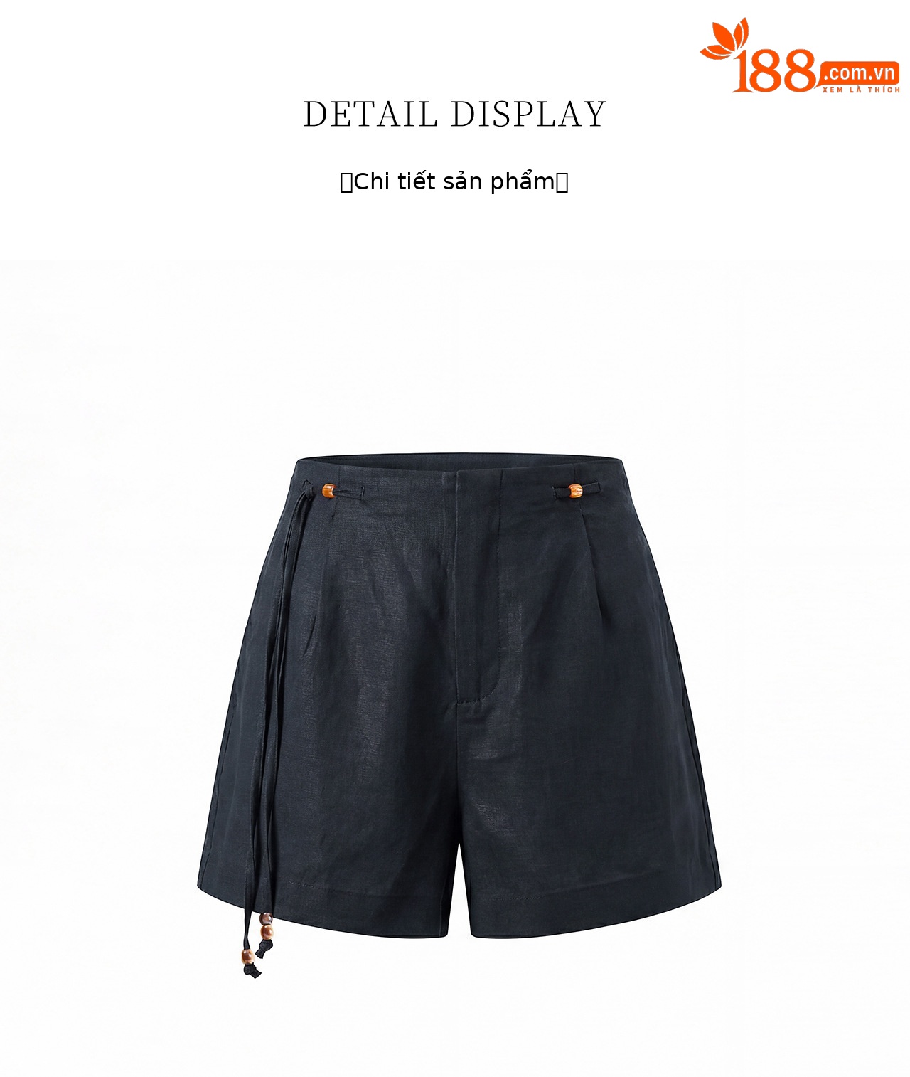 Quần short nữ cạp cao dây buộc phong cách quốc phong rộng thùng thình đính cườm — Xanh lông mòng đen chi tiết 27