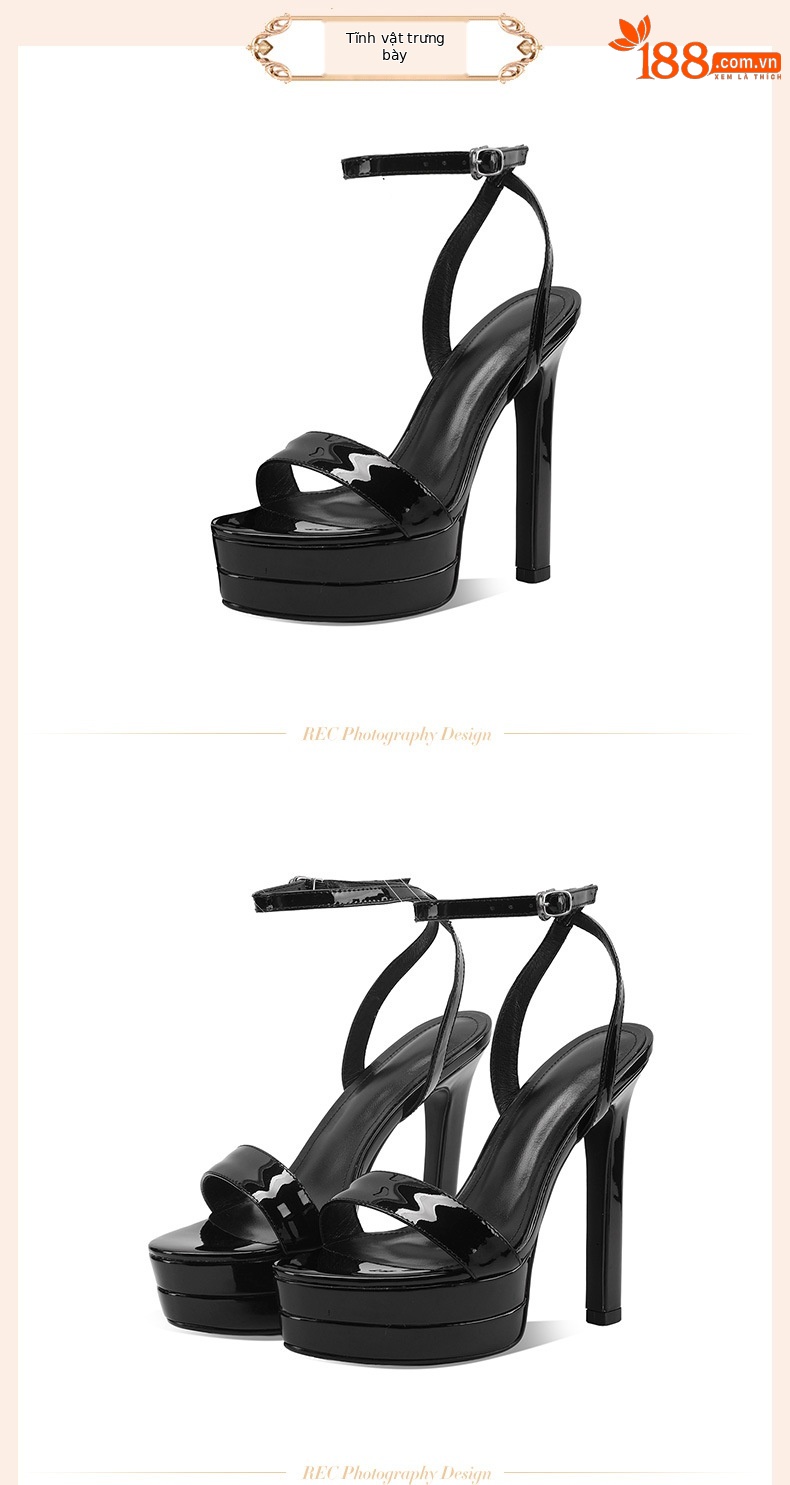 Sandal nữ cao gót 13 cm hở mũi quai ngang da thật đế xuồng — đen chi tiết 2